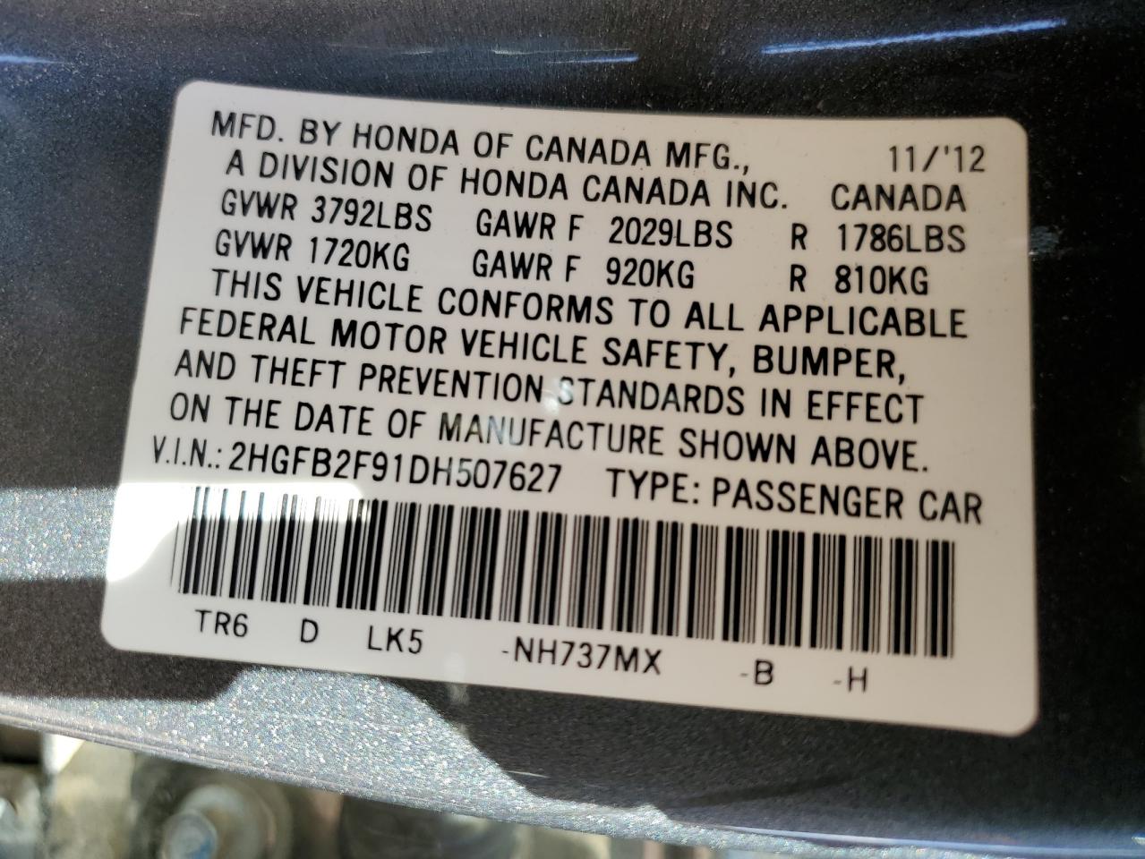 2013 Honda Civic Exl VIN: 2HGFB2F91DH507627 Lot: 84914715