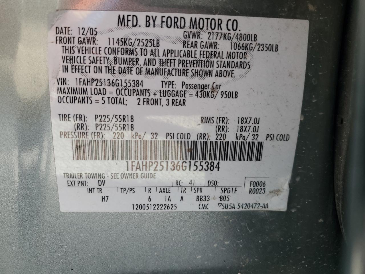 2006 Ford Five Hundred Limited VIN: 1FAHP25136G155384 Lot: 87236565