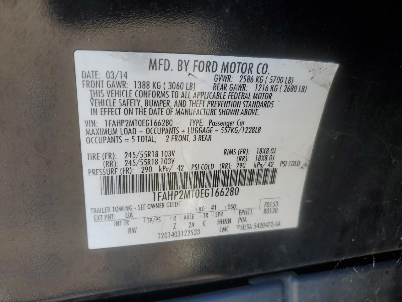 2014 Ford Taurus Police Interceptor VIN: 1FAHP2MT0EG166280 Lot: 86668465