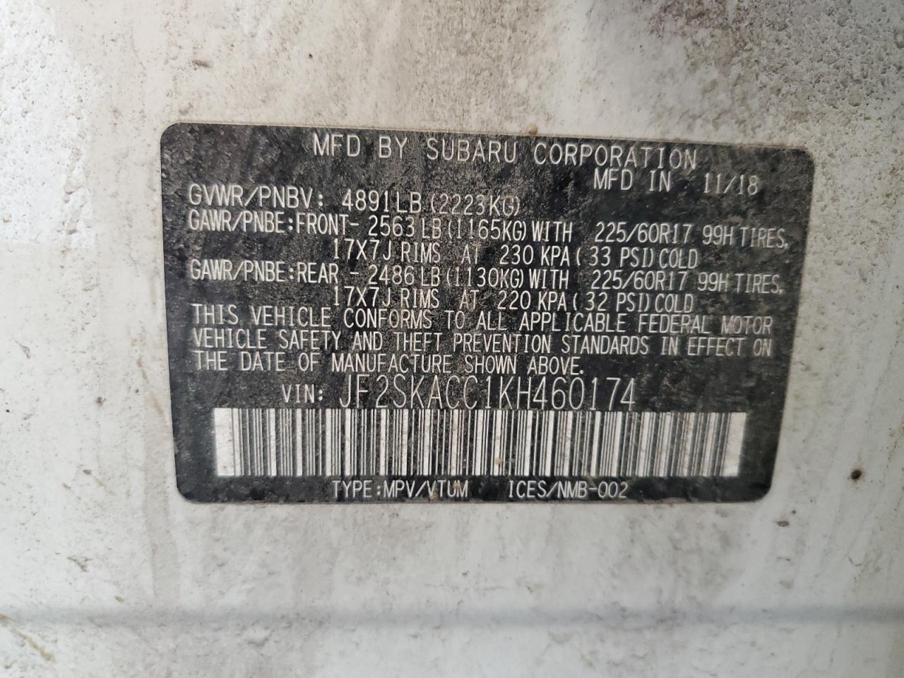 2019 Subaru Forester VIN: JF2SKACC1KH460174 Lot: 81963585