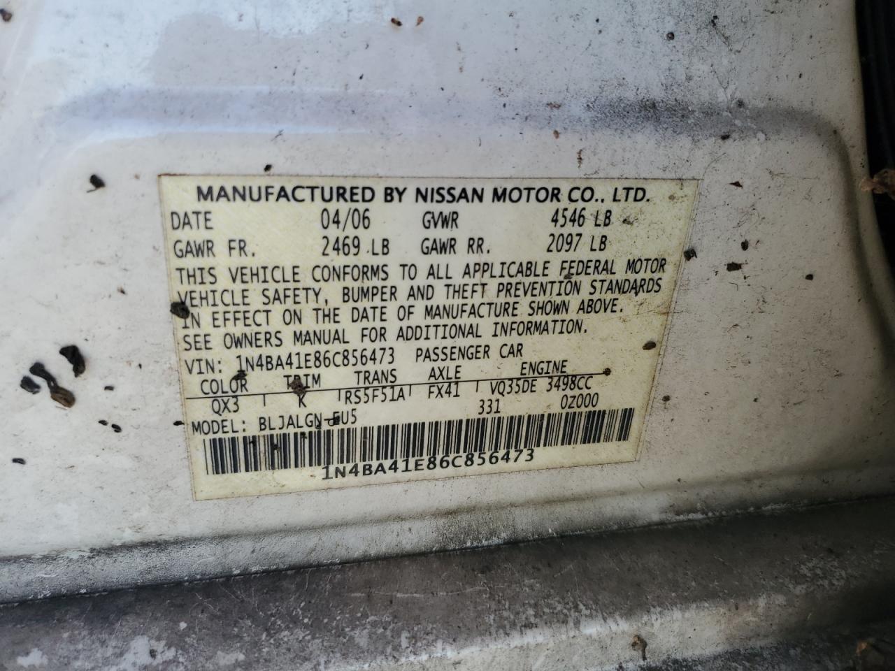 2006 Nissan Maxima Se VIN: 1N4BA41E86C856473 Lot: 86427585