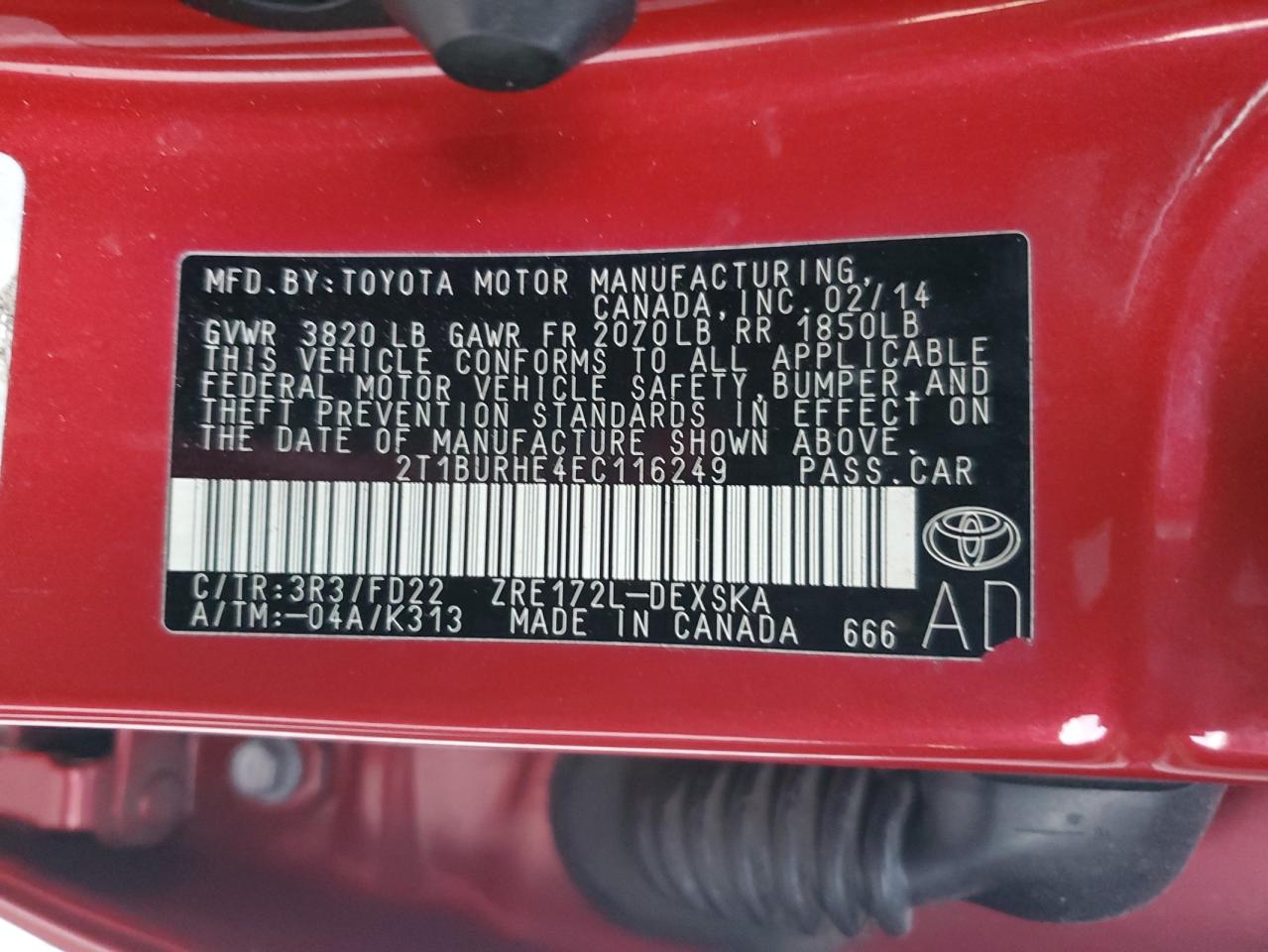 2014 Toyota Corolla L VIN: 2T1BURHE4EC116249 Lot: 82254685