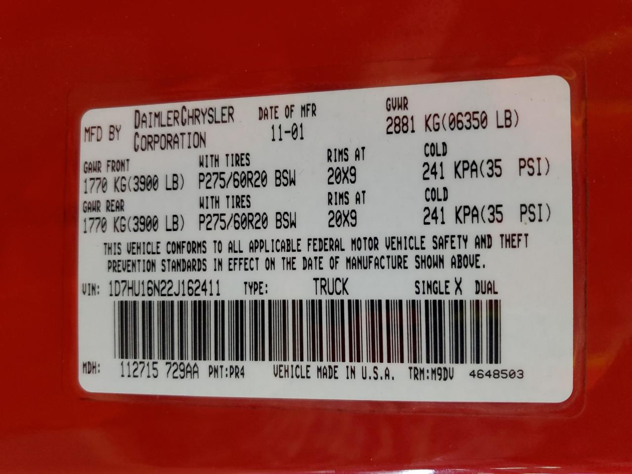 2002 Dodge Ram 1500 VIN: 1D7HU16N22J162411 Lot: 89859335