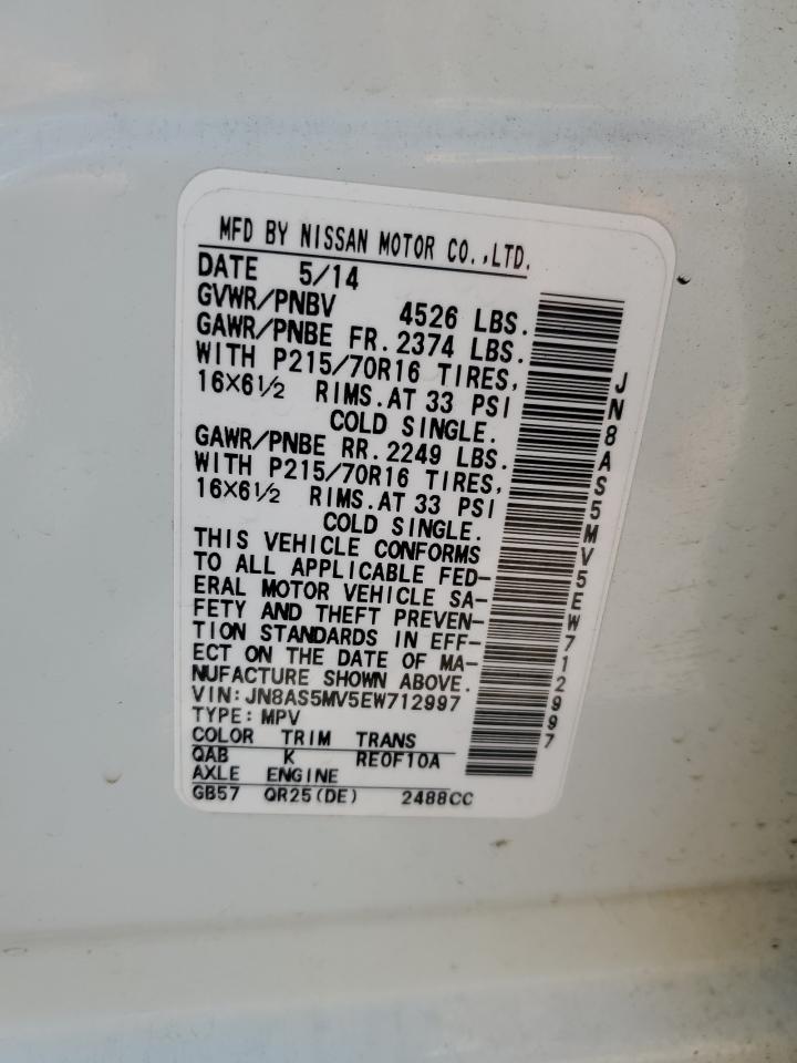 2014 Nissan Rogue Select S VIN: JN8AS5MV5EW712997 Lot: 85926985