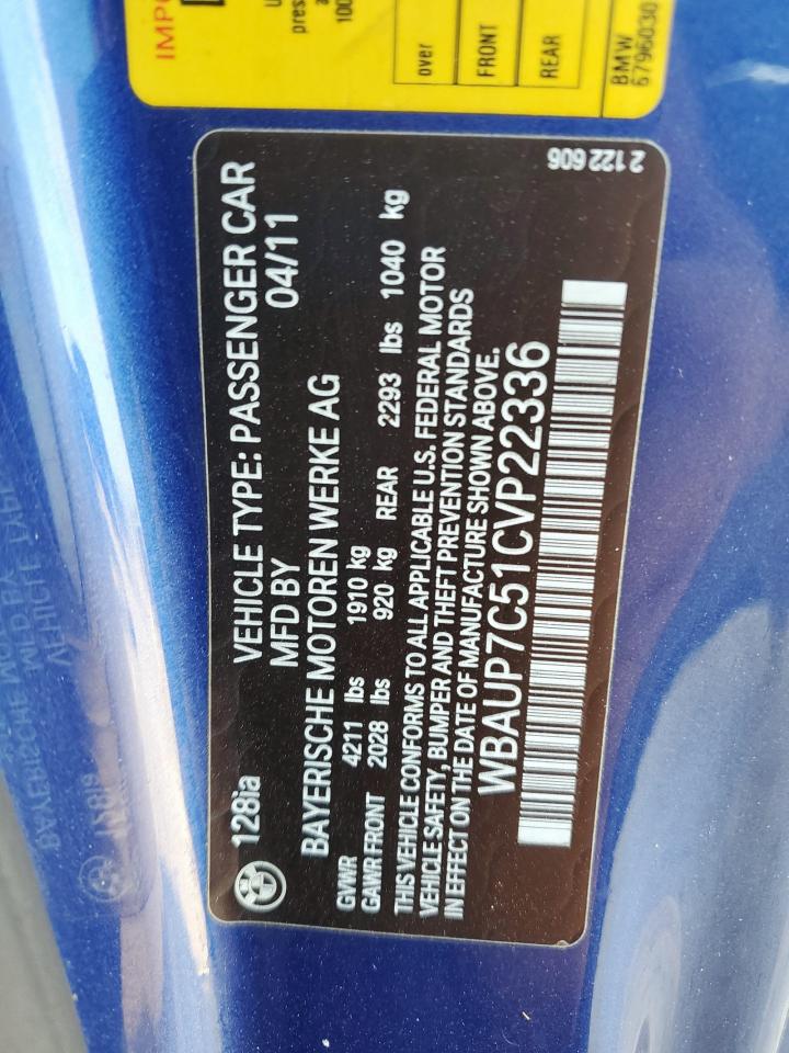 2012 BMW 128 I VIN: WBAUP7C51CVP22336 Lot: 85861745