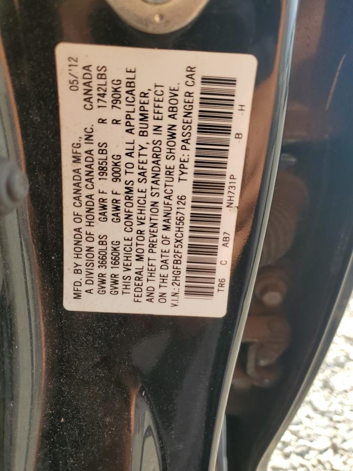 2012 Honda Civic Lx VIN: 2HGFB2F5XCH567126 Lot: 85085915