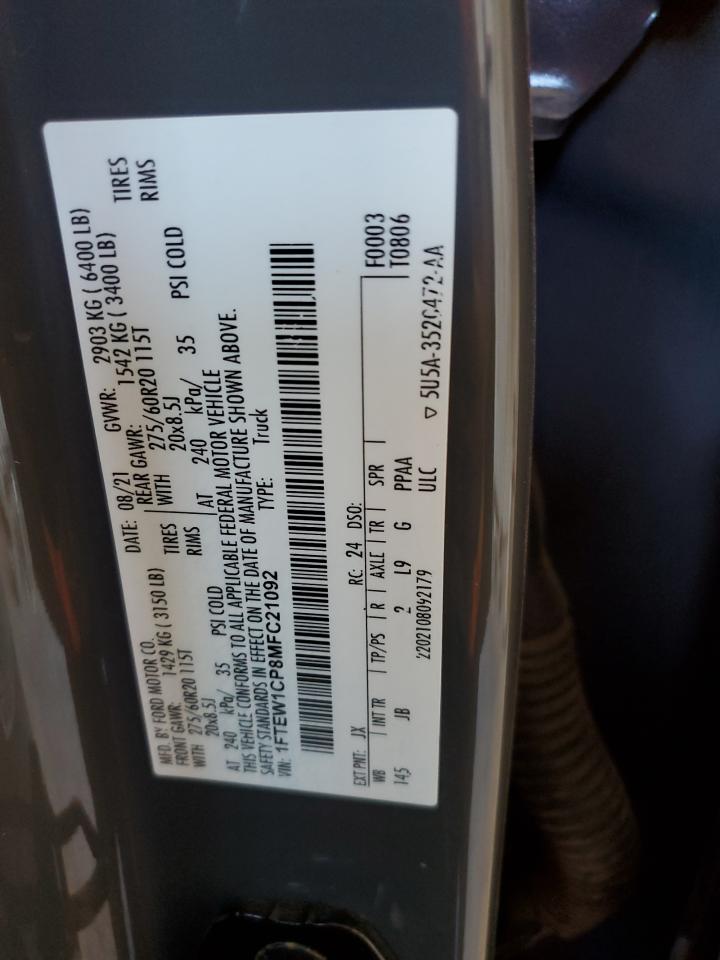 2021 Ford F150 Supercrew VIN: 1FTEW1CP8MFC21092 Lot: 87376375