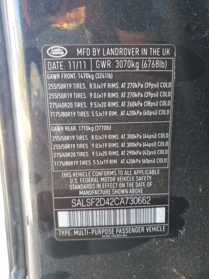2012 Land Rover Range Rover Sport Hse VIN: SALSF2D42CA730662 Lot: 86797105