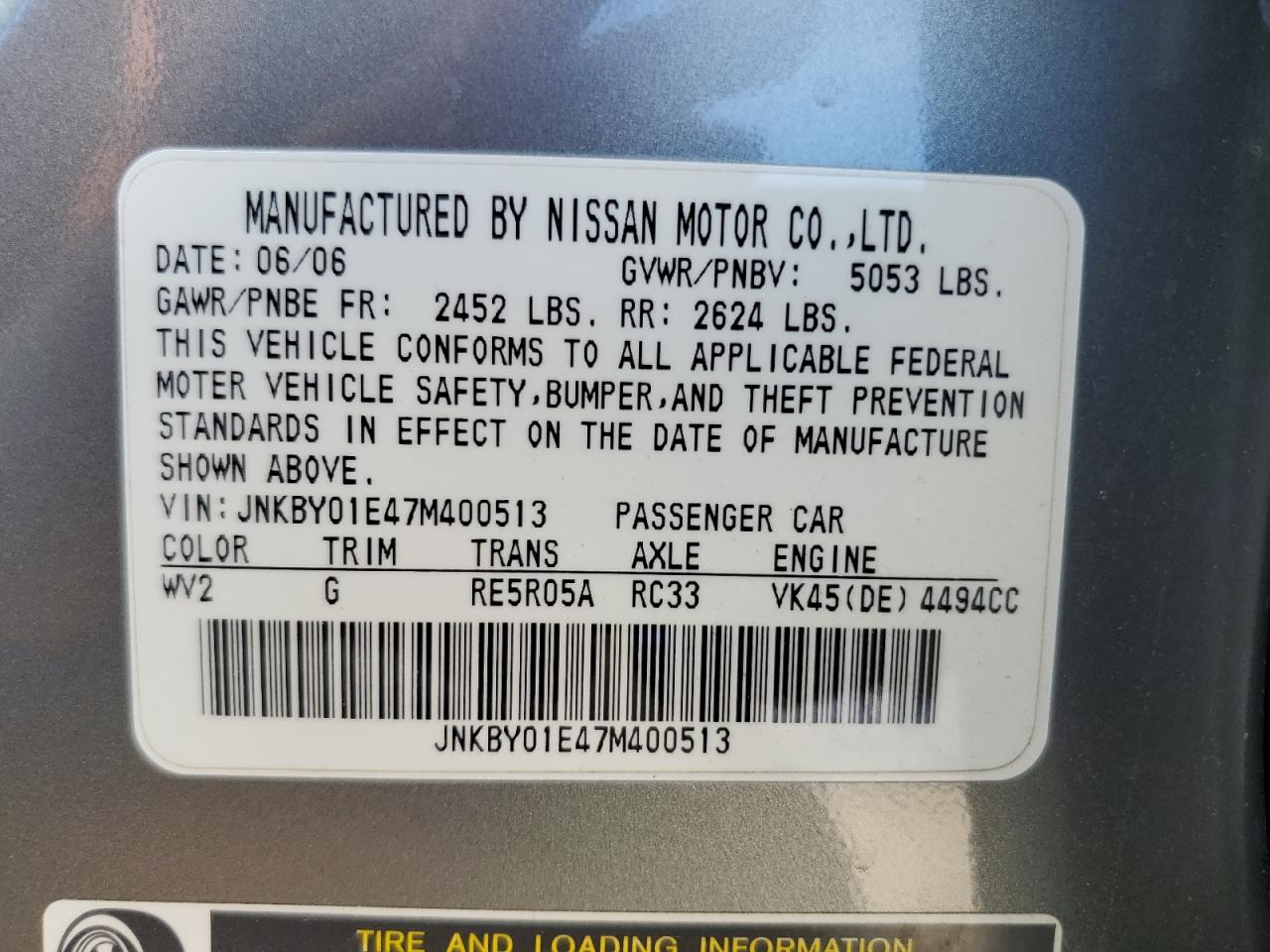 2007 Infiniti M45 Base VIN: JNKBY01E47M400513 Lot: 90952255