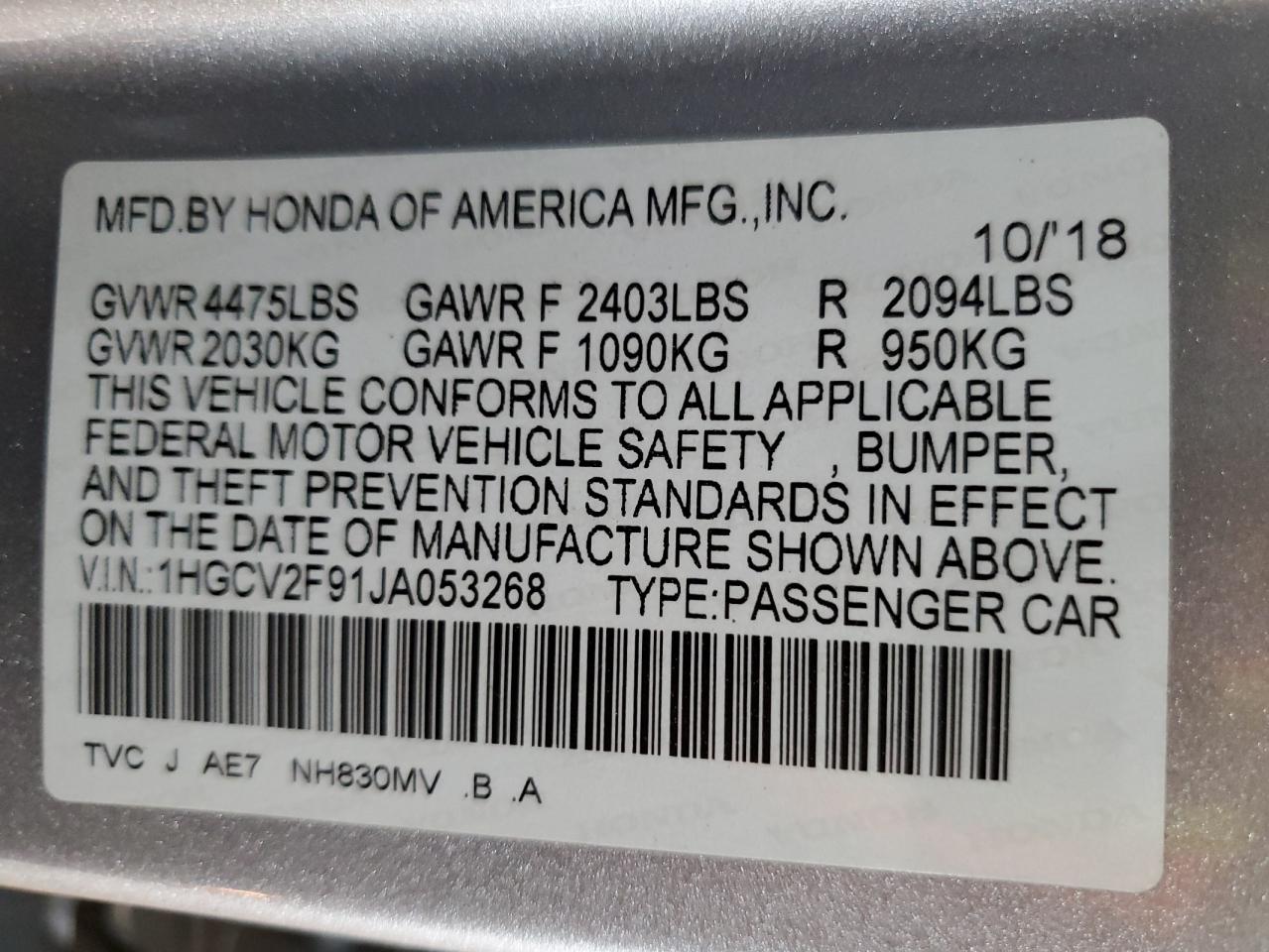 2018 Honda Accord Touring VIN: 1HGCV2F91JA053268 Lot: 82437325