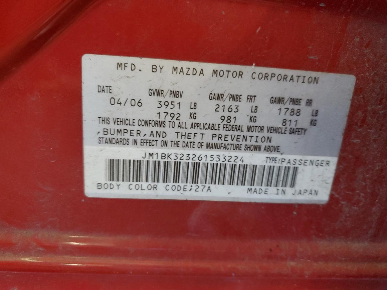 2006 Mazda 3 S VIN: JM1BK323261533224 Lot: 86681895