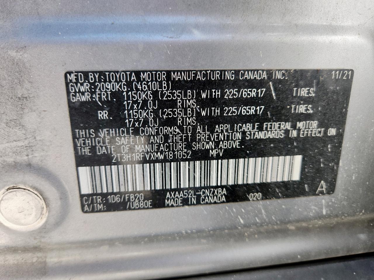 2021 Toyota Rav4 Le VIN: 2T3H1RFVXMW181052 Lot: 86090925