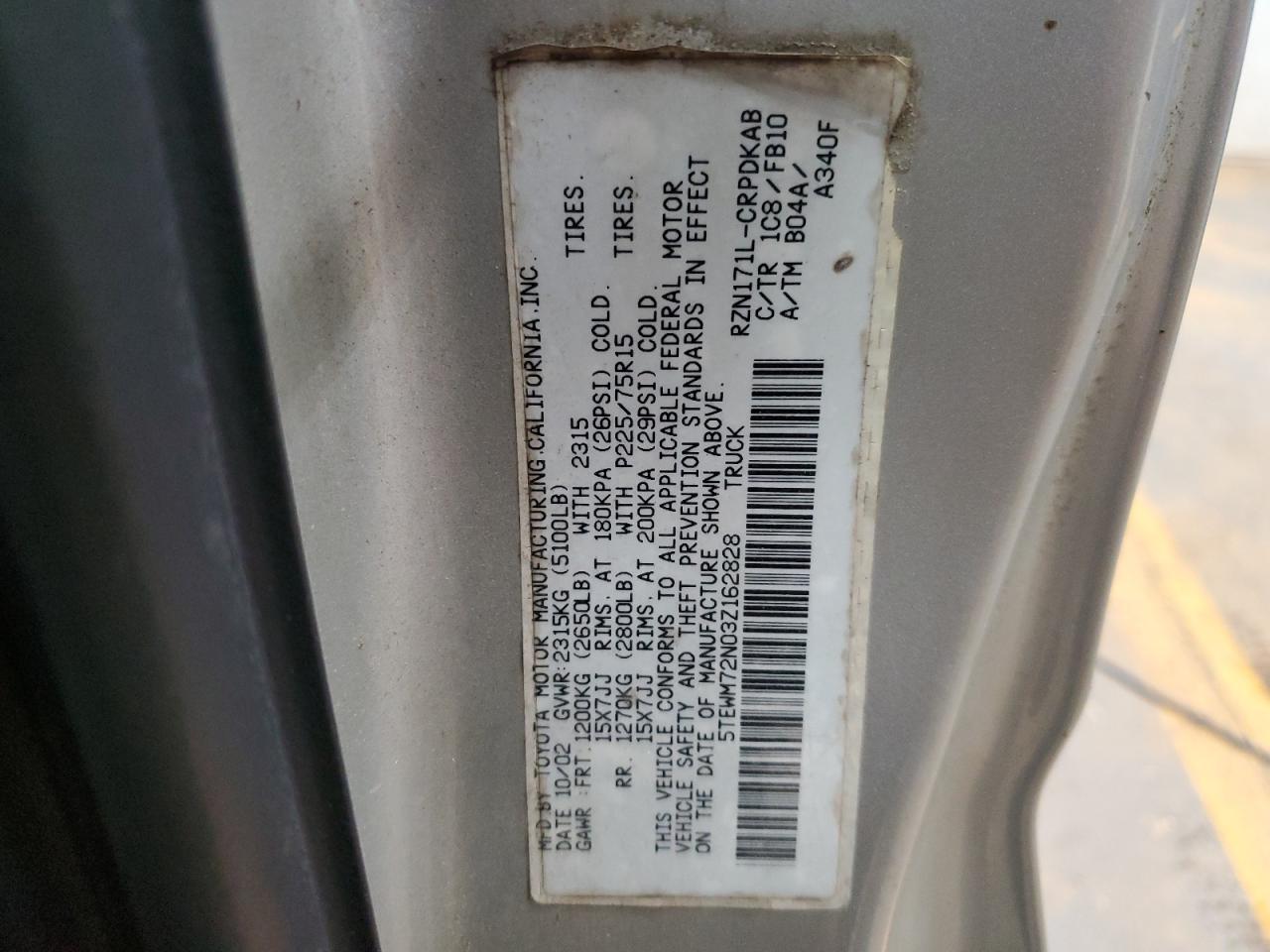 2003 Toyota Tacoma Xtracab VIN: 5TEWM72N03Z162828 Lot: 90072165