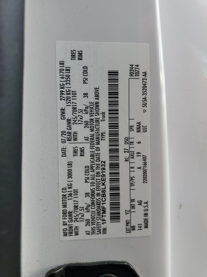 2020 Ford F150 VIN: 1FTMF1CB8LKE91932 Lot: 86849035