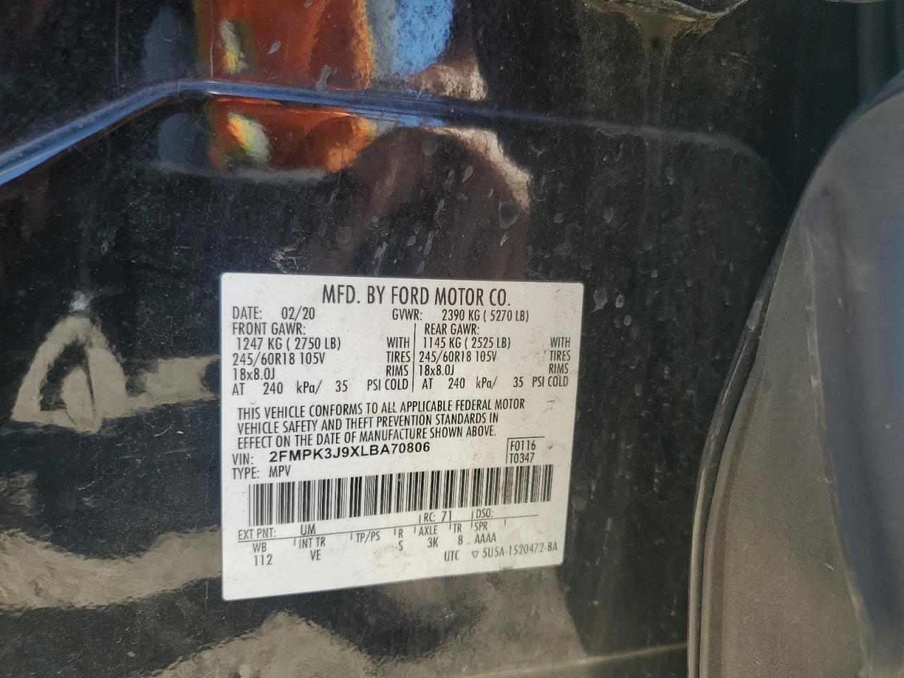 2020 Ford Edge Sel VIN: 2FMPK3J9XLBA70806 Lot: 82568265