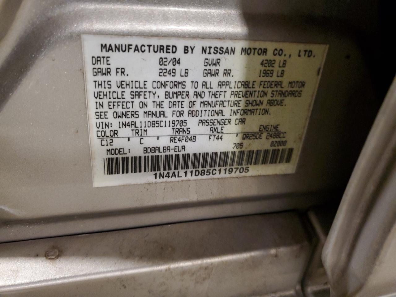 2005 Nissan Altima S VIN: 1N4AL11D85C119705 Lot: 89492305