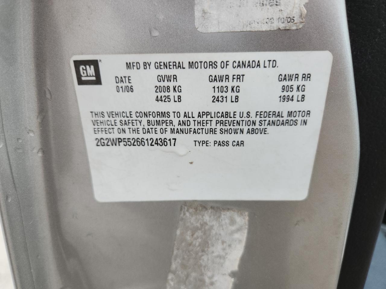 2006 Pontiac Grand Prix VIN: 2G2WP552661243617 Lot: 85130765