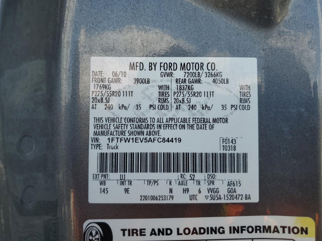 2010 Ford F150 Supercrew VIN: 1FTFW1EV5AFC84419 Lot: 87479455