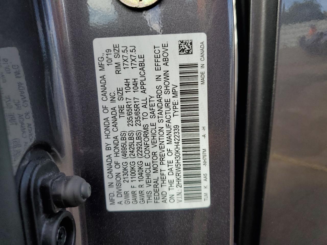 2019 Honda Cr-V Lx VIN: 2HKRW5H30KH422339 Lot: 84869915