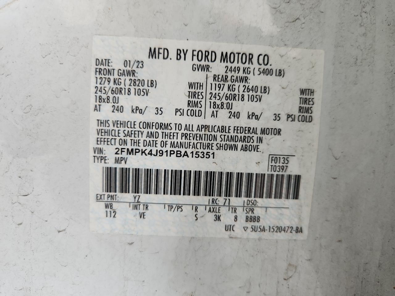 2023 Ford Edge Sel VIN: 2FMPK4J91PBA15351 Lot: 81959345