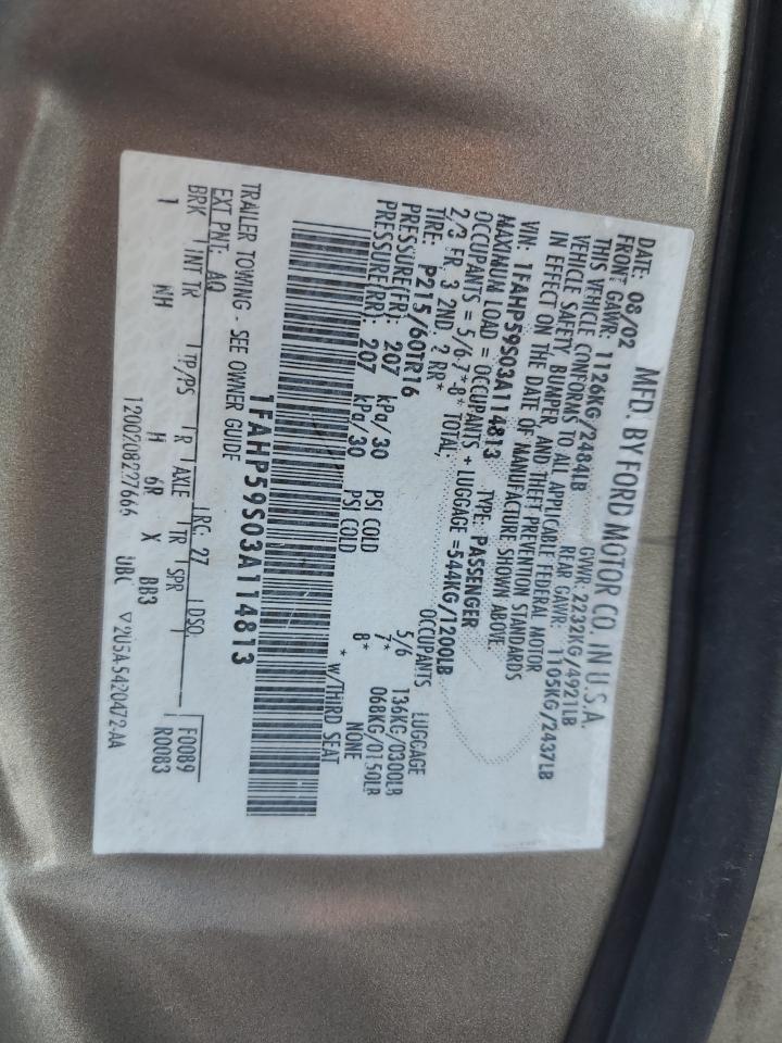 2003 Ford Taurus Sel VIN: 1FAHP59S03A114813 Lot: 85422585