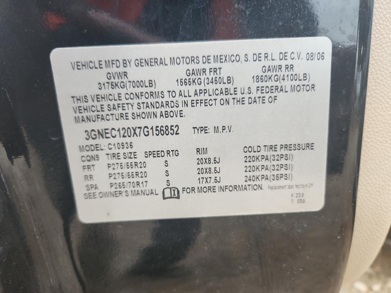 2007 Chevrolet Avalanche C1500 VIN: 3GNEC120X7G156852 Lot: 90591925