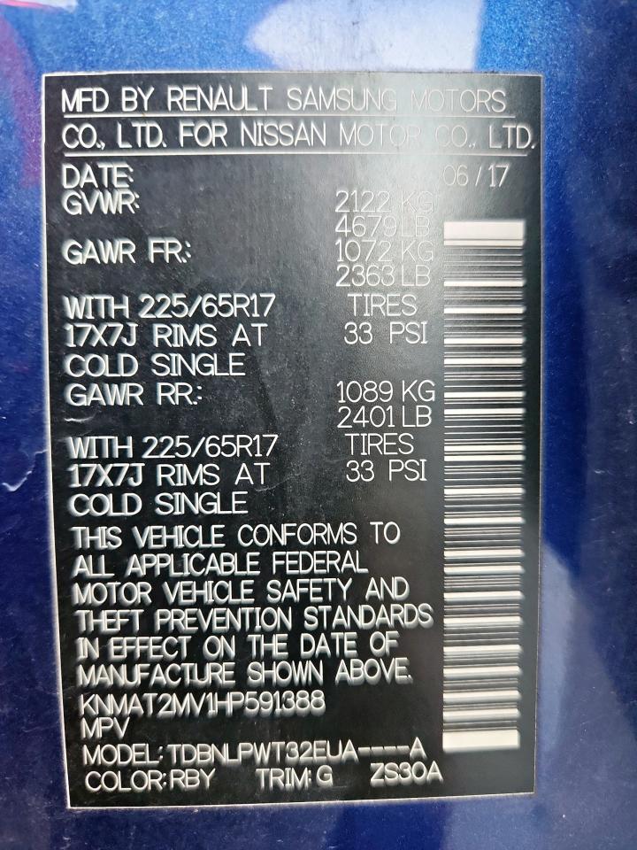 2017 Nissan Rogue S VIN: KNMAT2MV1HP591388 Lot: 86308295