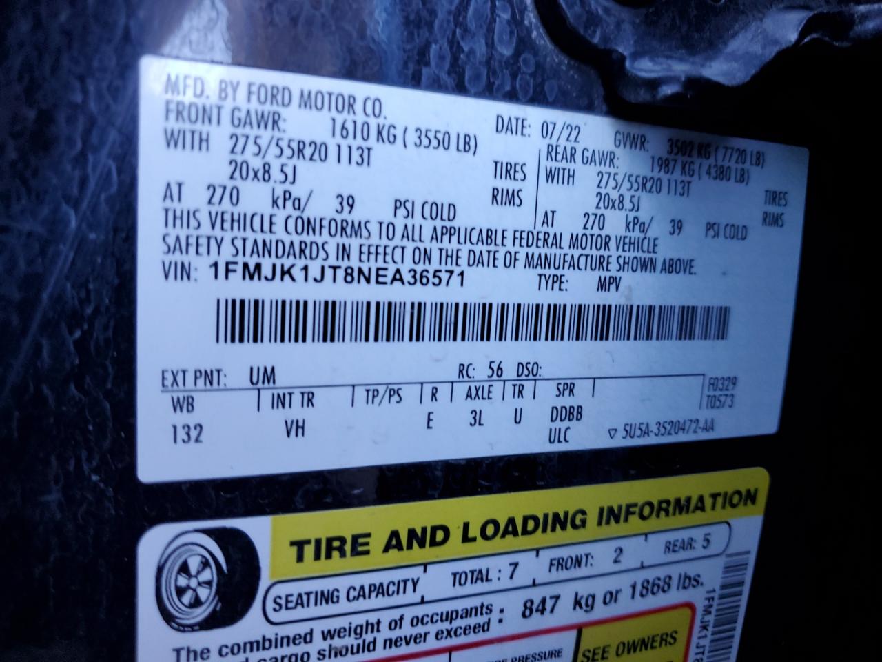 2022 Ford Expedition Max Xlt VIN: 1FMJK1JT8NEA36571 Lot: 82349705