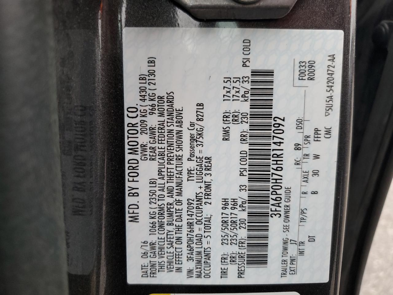 2017 Ford Fusion Se VIN: 3FA6P0H76HR147092 Lot: 82734985