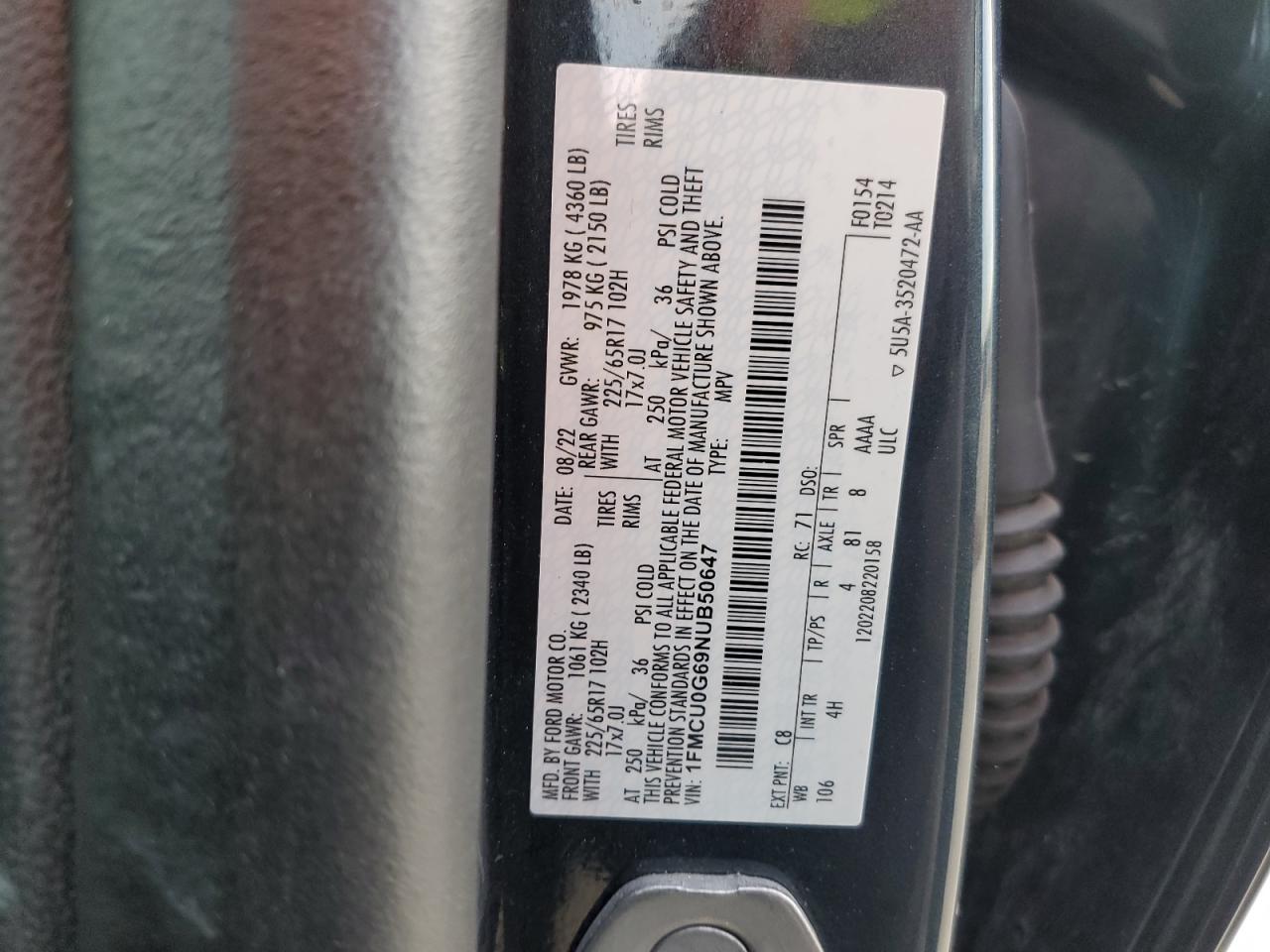 2022 Ford Escape Se VIN: 1FMCU0G69NUB50647 Lot: 84269455