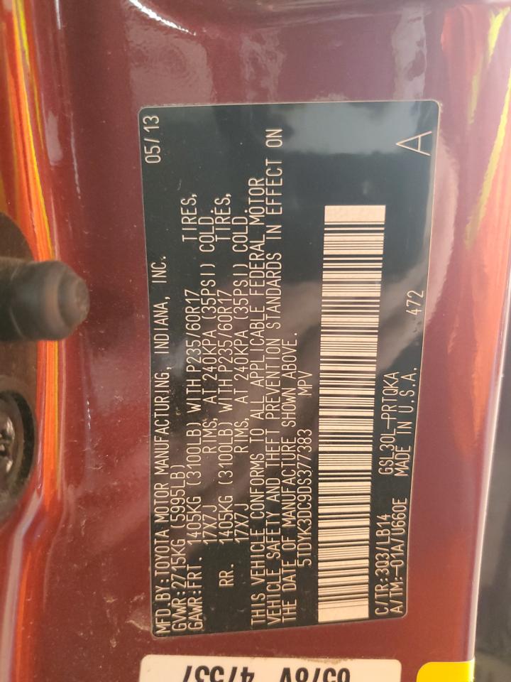 2013 Toyota Sienna Xle VIN: 5TDYK3DC9DS377383 Lot: 85165895