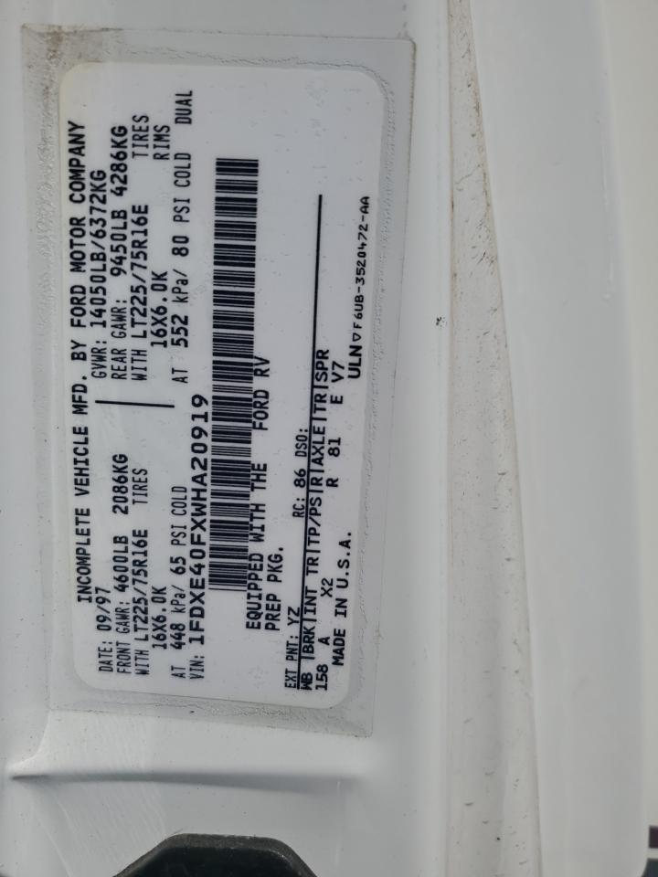 1998 Ford Econoline E450 Super Duty Cutaway Van Rv VIN: 1FDXE40FXWHA20919 Lot: 85132855