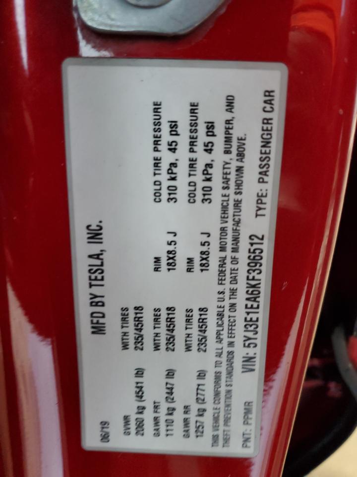 2019 Tesla Model 3 VIN: 5YJ3E1EA6KF396512 Lot: 82386765