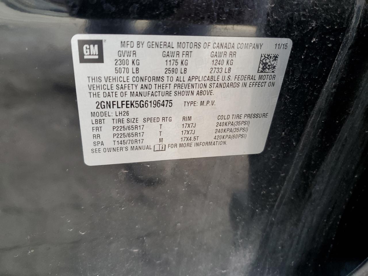 2016 Chevrolet Equinox Lt VIN: 2GNFLFEK5G6196475 Lot: 84273925