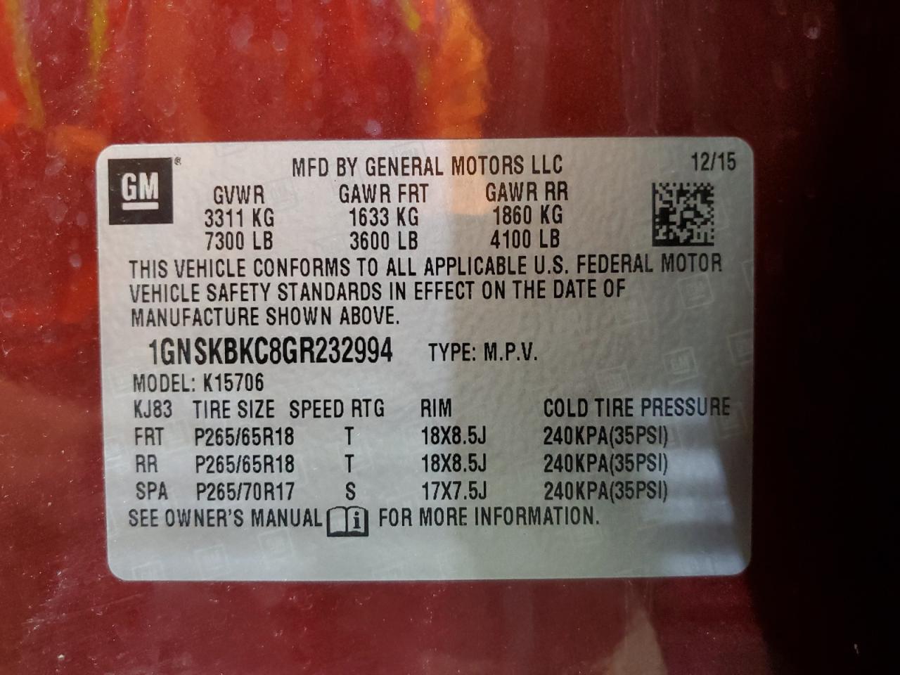 2016 Chevrolet Tahoe K1500 Lt VIN: 1GNSKBKC8GR232994 Lot: 84728495