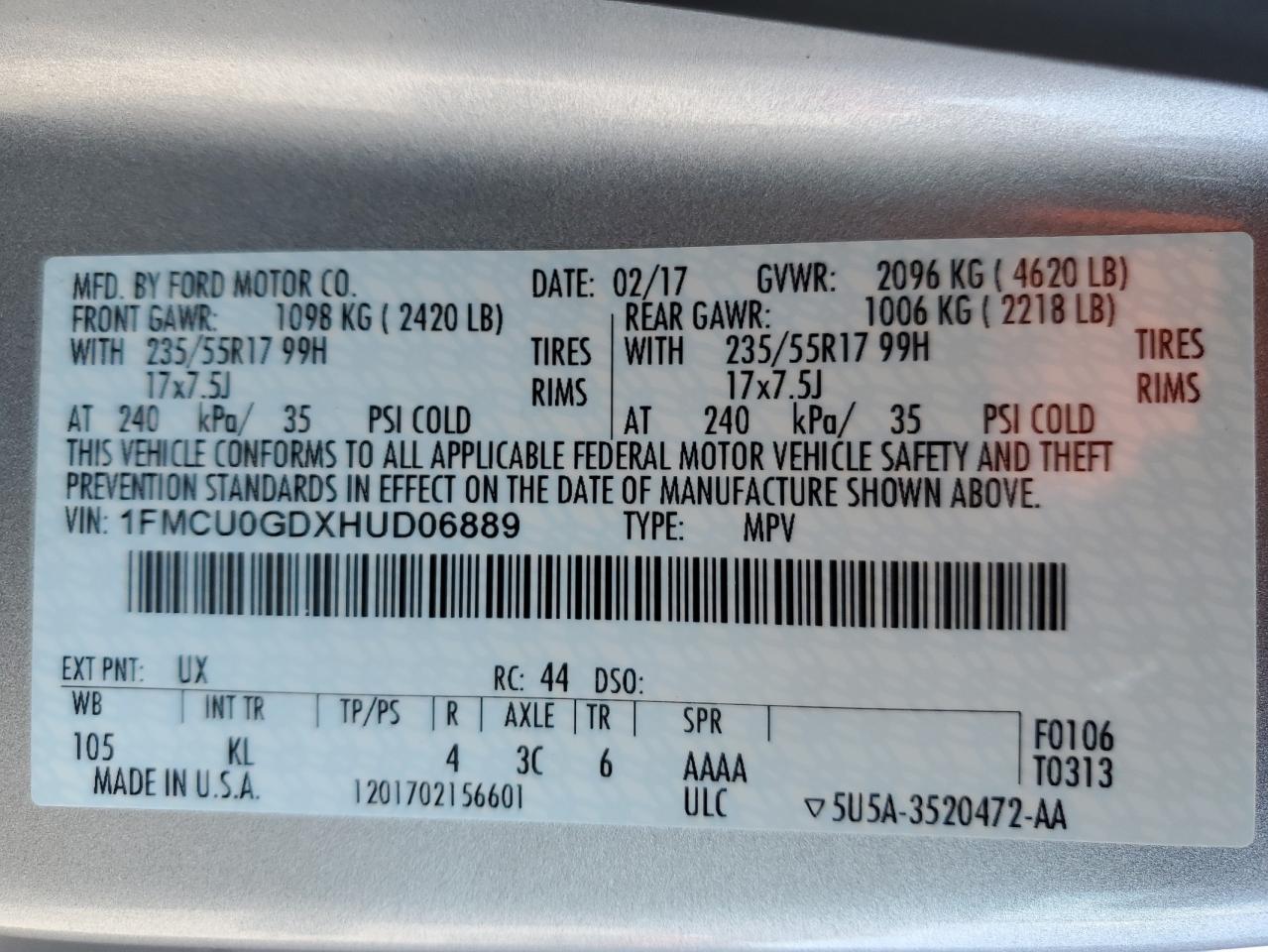 2017 Ford Escape Se VIN: 1FMCU0GDXHUD06889 Lot: 82341275