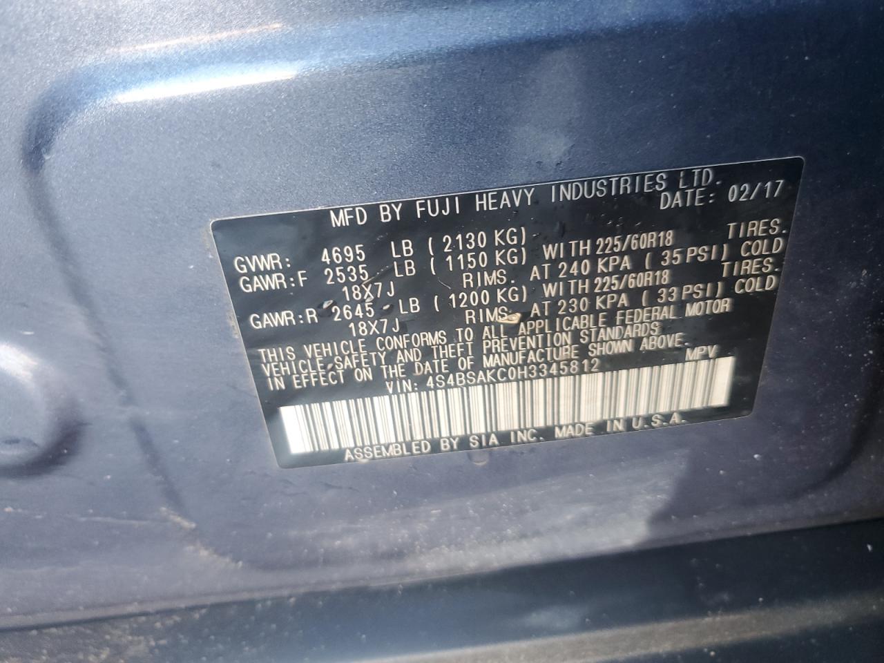 2017 Subaru Outback 2.5I Limited VIN: 4S4BSAKC0H3345812 Lot: 84983055