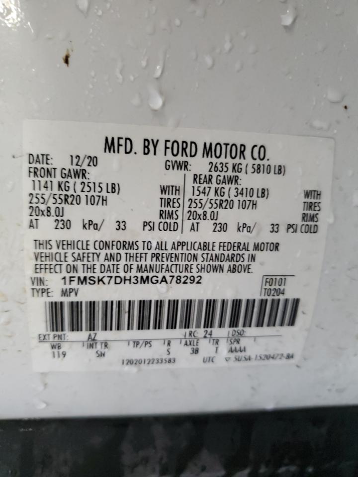 2021 Ford Explorer Xlt VIN: 1FMSK7DH3MGA78292 Lot: 85548335