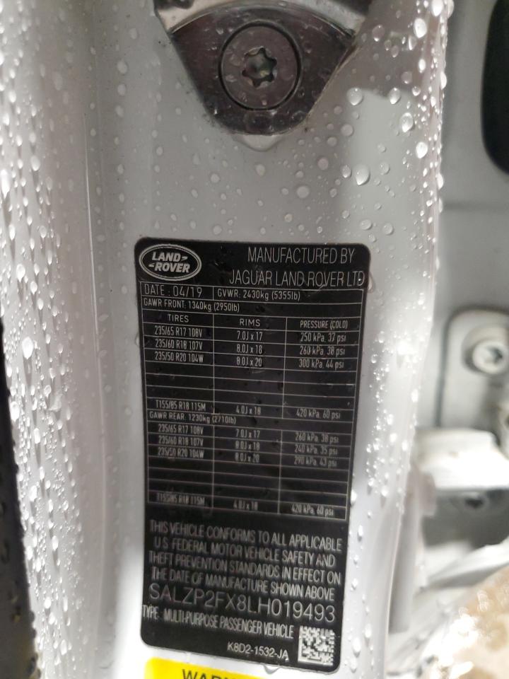 2020 Land Rover Range Rover Evoque Se VIN: SALZP2FX8LH019493 Lot: 90519955