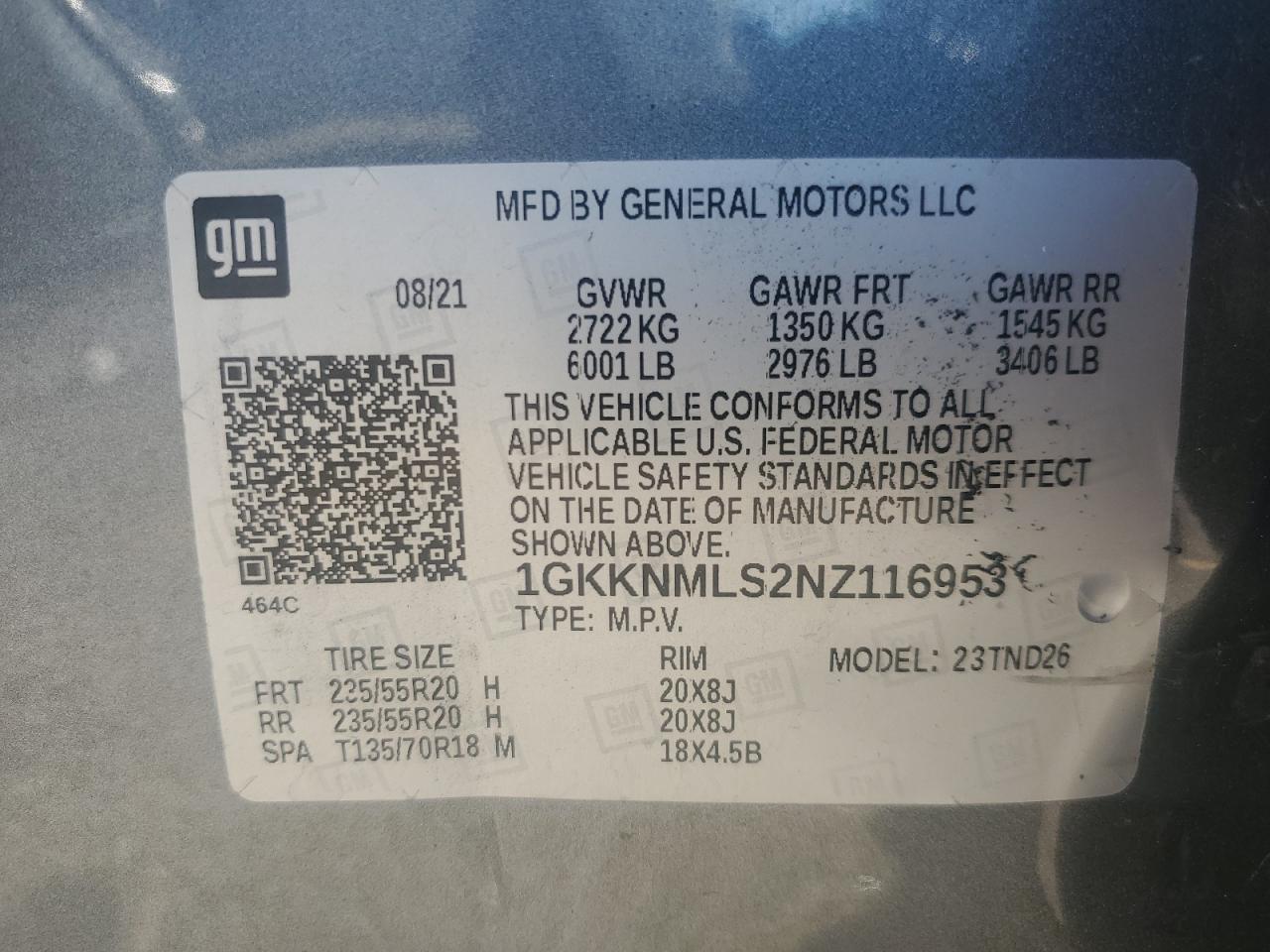 2022 GMC Acadia Slt VIN: 1GKKNMLS2NZ116953 Lot: 86453875