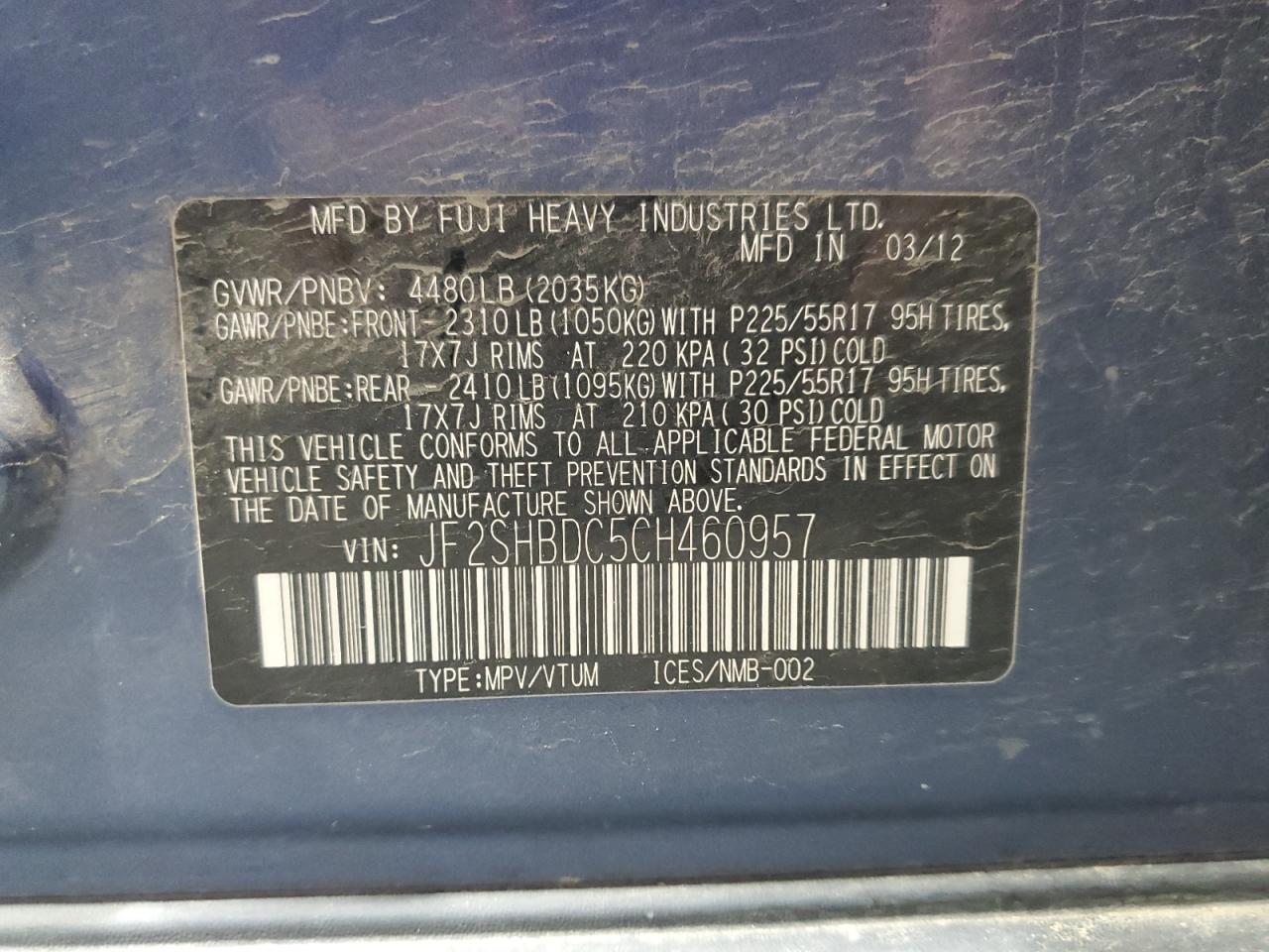 2012 Subaru Forester 2.5X Premium VIN: JF2SHBDC5CH460957 Lot: 84267475