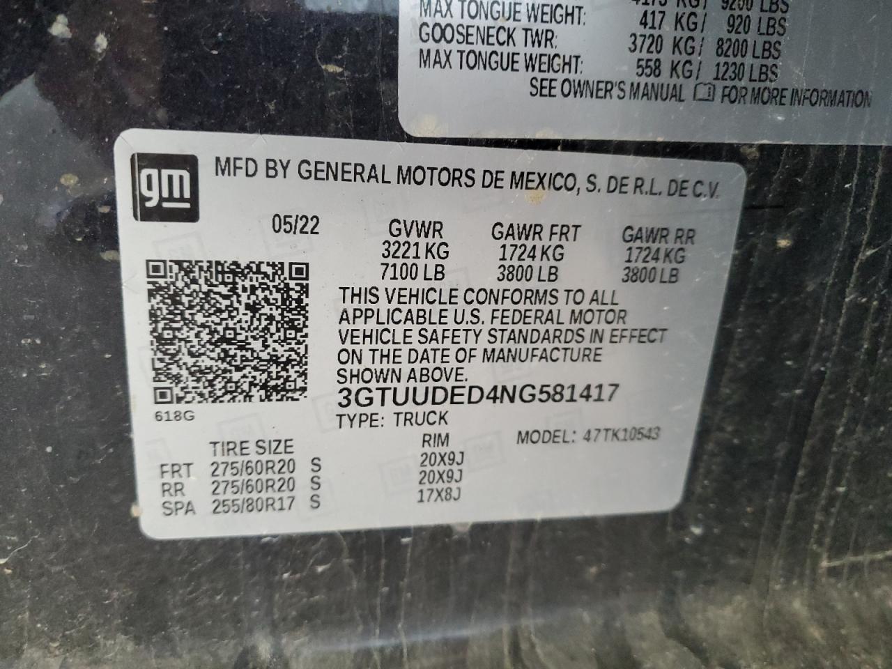 2022 GMC Sierra K1500 Slt VIN: 3GTUUDED4NG581417 Lot: 84784705