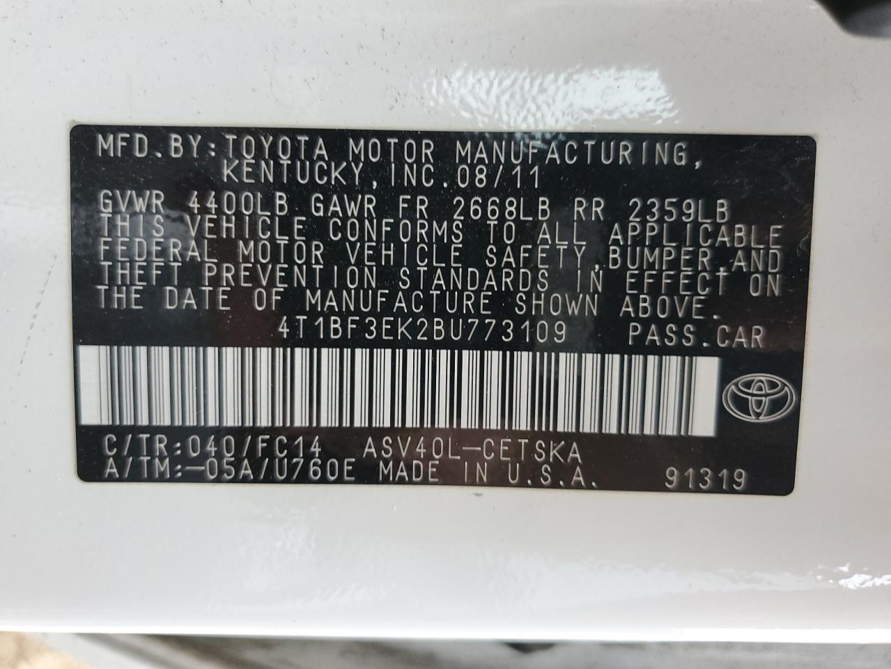 2011 Toyota Camry Base VIN: 4T1BF3EK2BU773109 Lot: 86487065