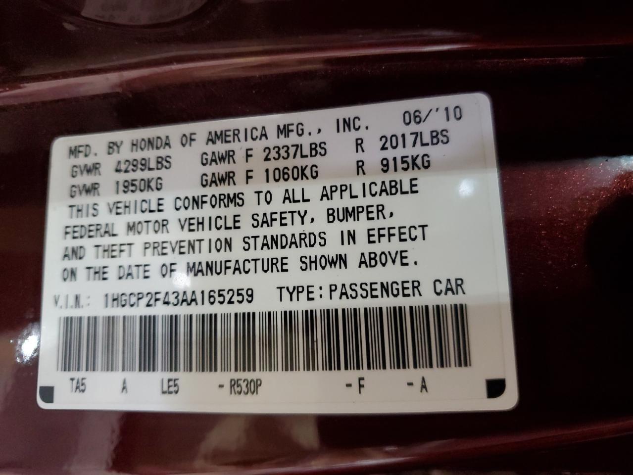 2010 Honda Accord Lxp VIN: 1HGCP2F43AA165259 Lot: 86258325
