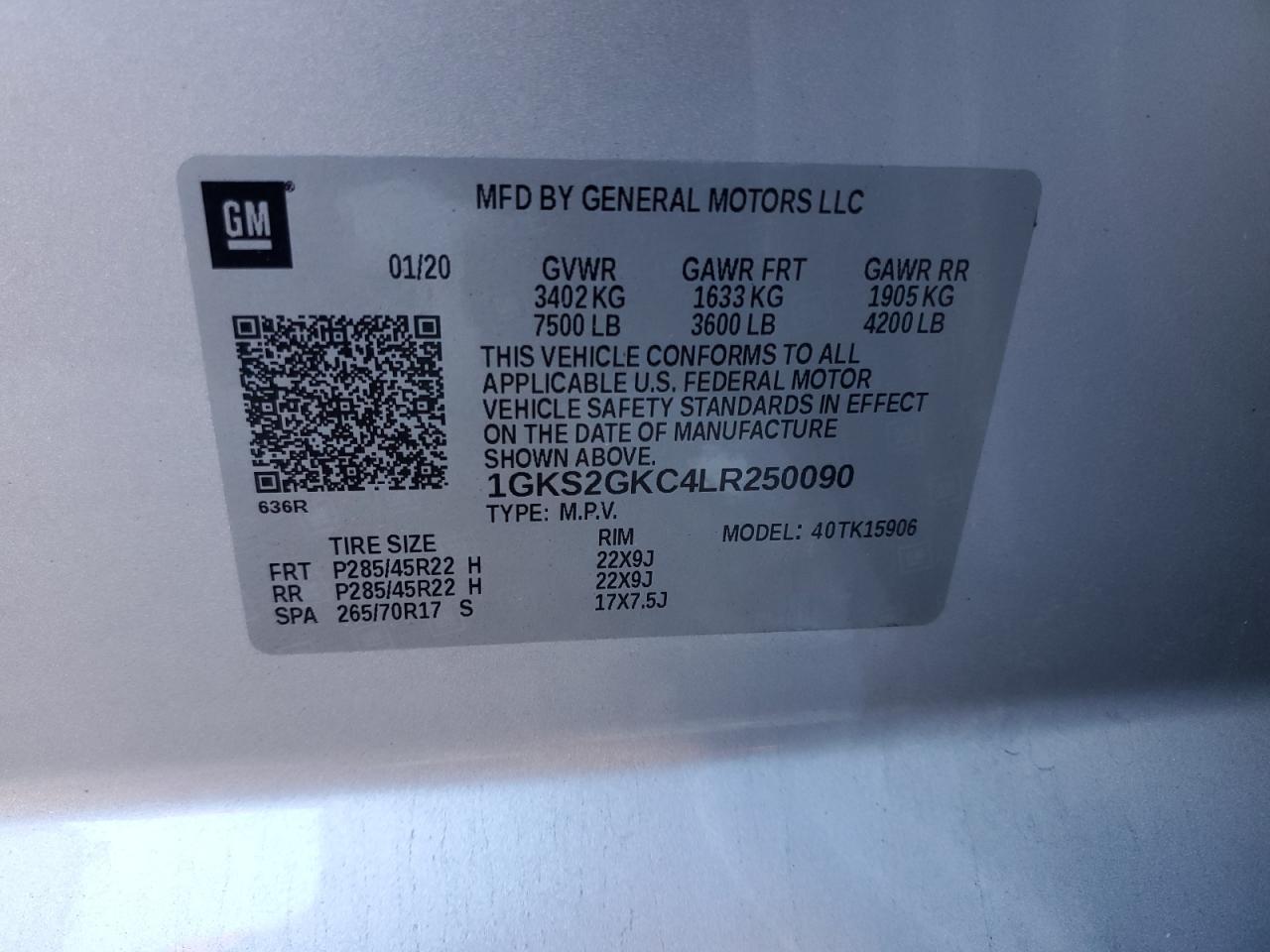 2020 GMC Yukon Xl K1500 Slt VIN: 1GKS2GKC4LR250090 Lot: 82569705
