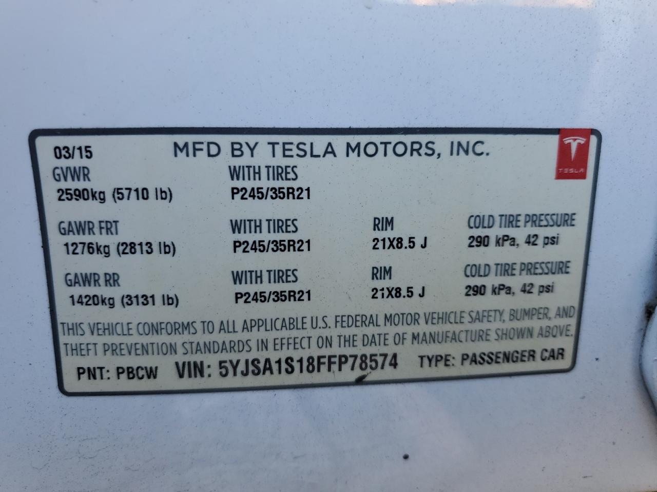 2015 Tesla Model S 60 VIN: 5YJSA1S18FFP78574 Lot: 90895155