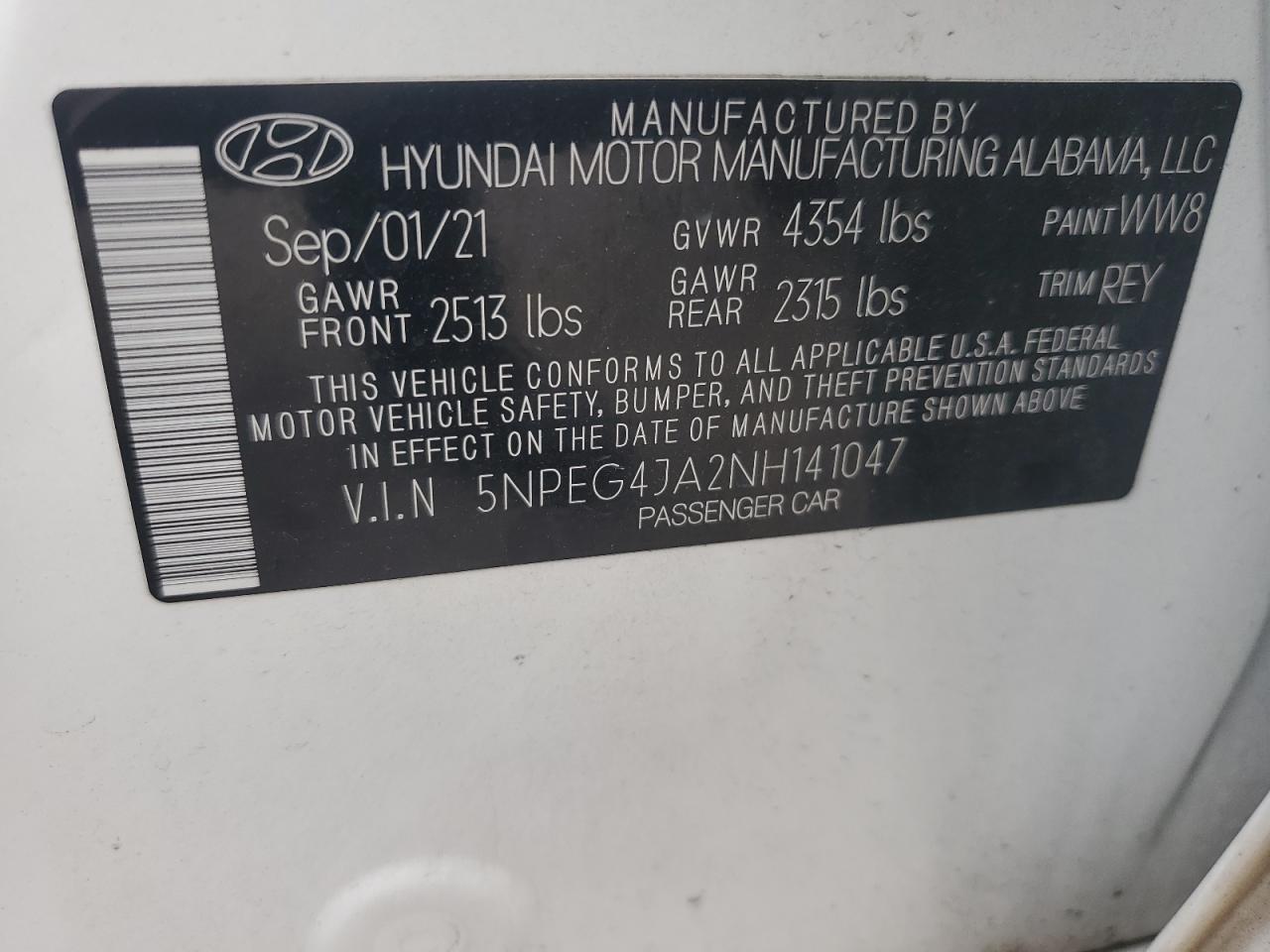 2022 Hyundai Sonata Se VIN: 5NPEG4JA2NH141047 Lot: 86140125