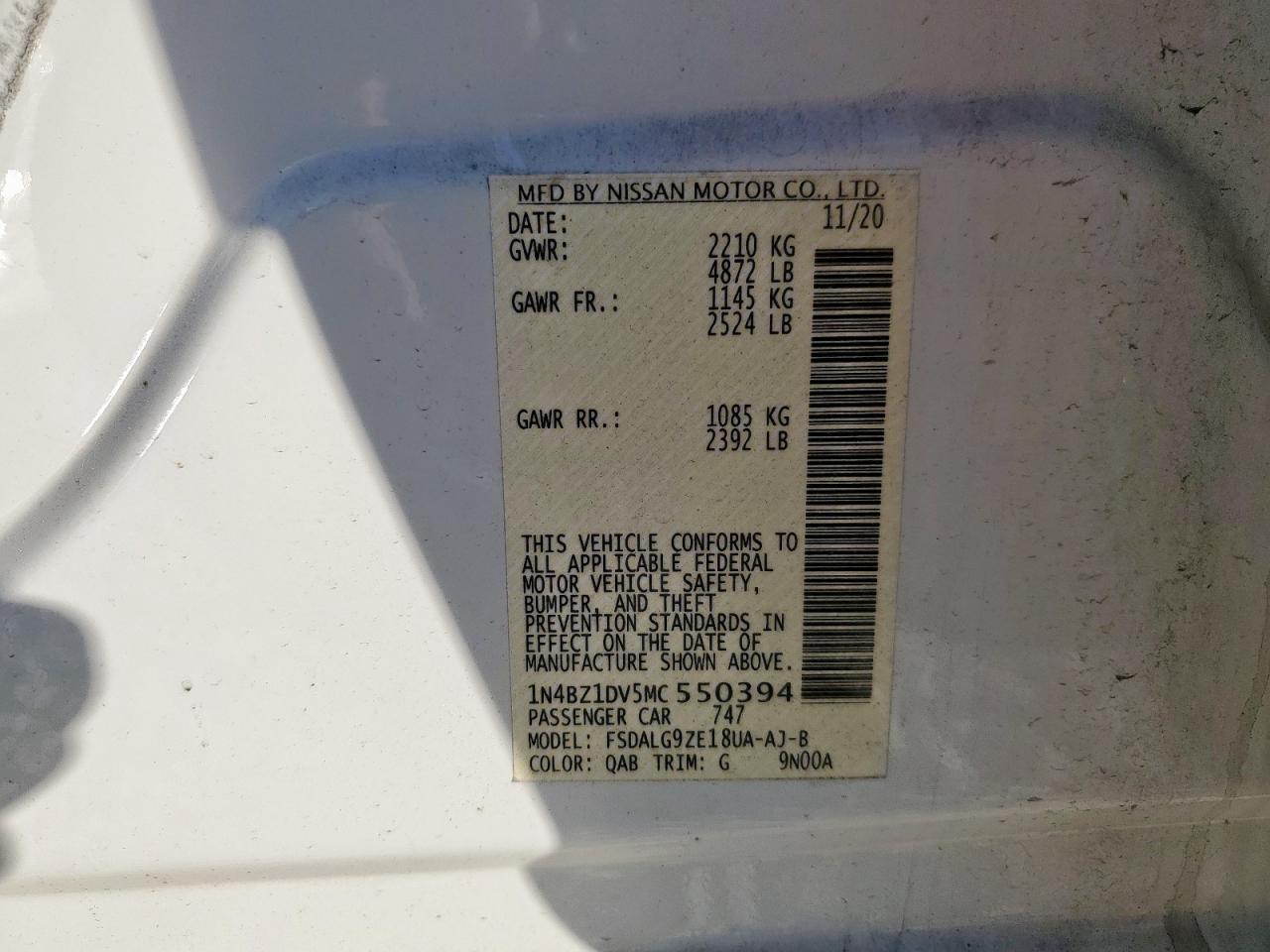 2021 Nissan Leaf Sl Plus VIN: 1N4BZ1DV5MC550394 Lot: 85349655