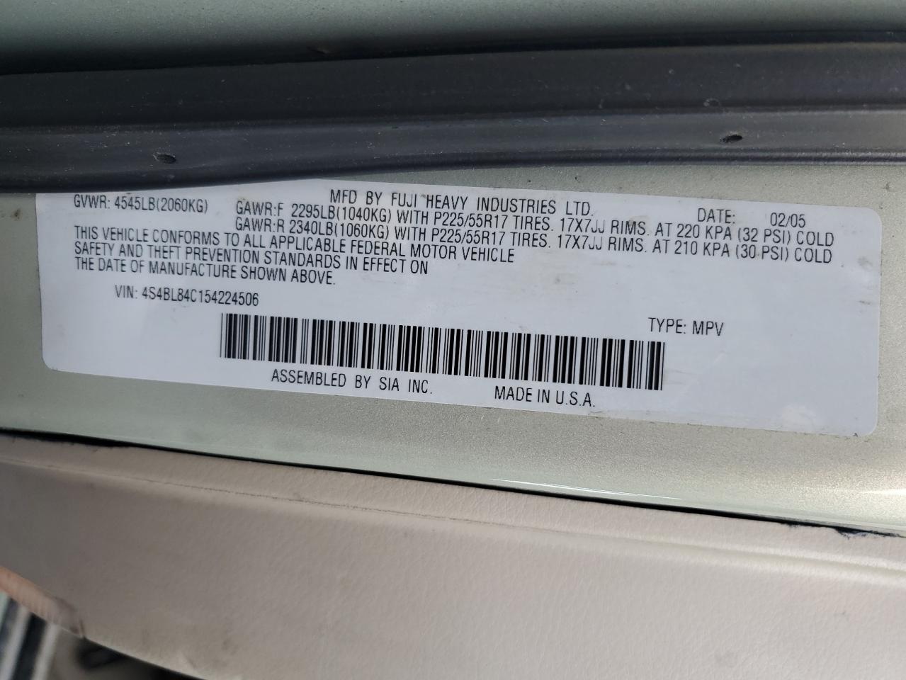 2005 Subaru Legacy Outback 3.0R VIN: 4S4BL84C154224506 Lot: 85071045