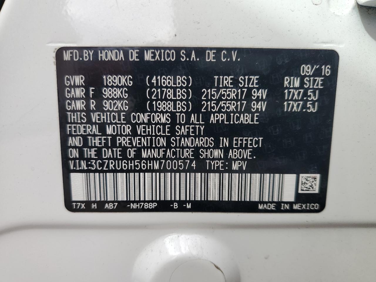 2017 Honda Hr-V Ex VIN: 3CZRU6H56HM700574 Lot: 85647045